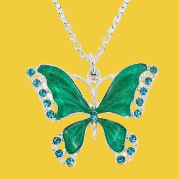 Large green butterfly pendant necklace in shiny enamel and blue crystals - Picture 3 of 7
